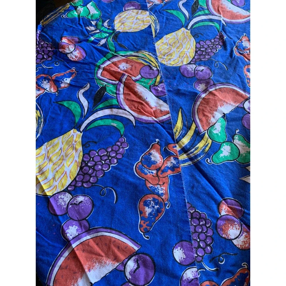 Vintage Fruit Print Round Tablecloth Blue Pineapple Grapes Watermelon 72